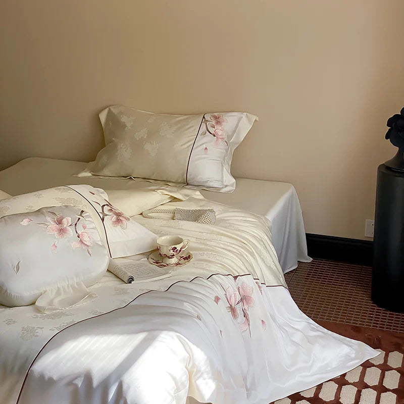 Afralia™ Chinese Floral Embroidery Lyocell Cotton Bedding Set with Silky Softness