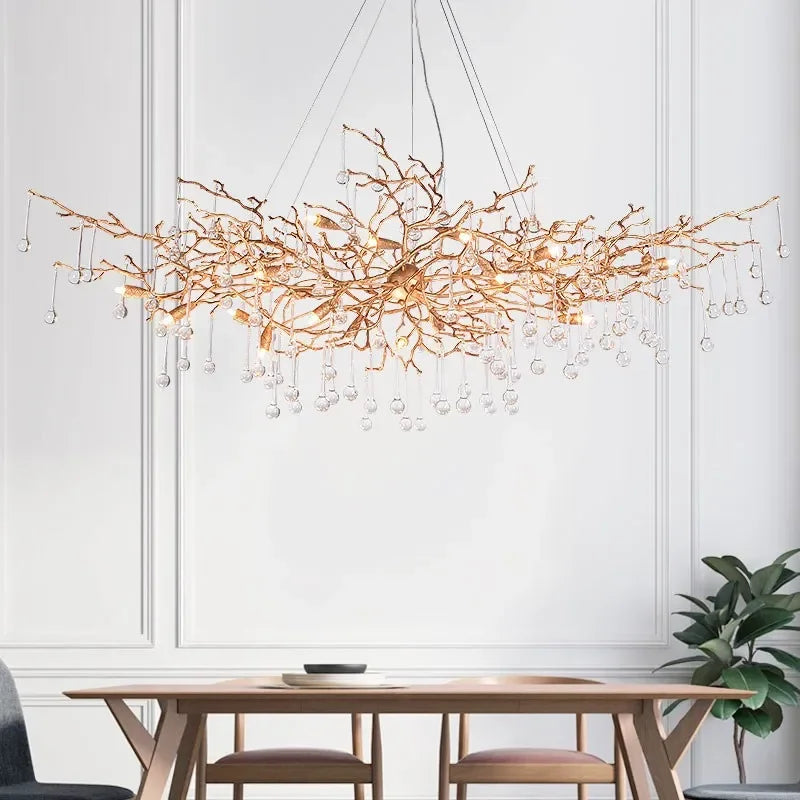 Afralia™ LED Branch Crystal Chandelier Copper Suspension Lights Luxe Ceiling Pendant