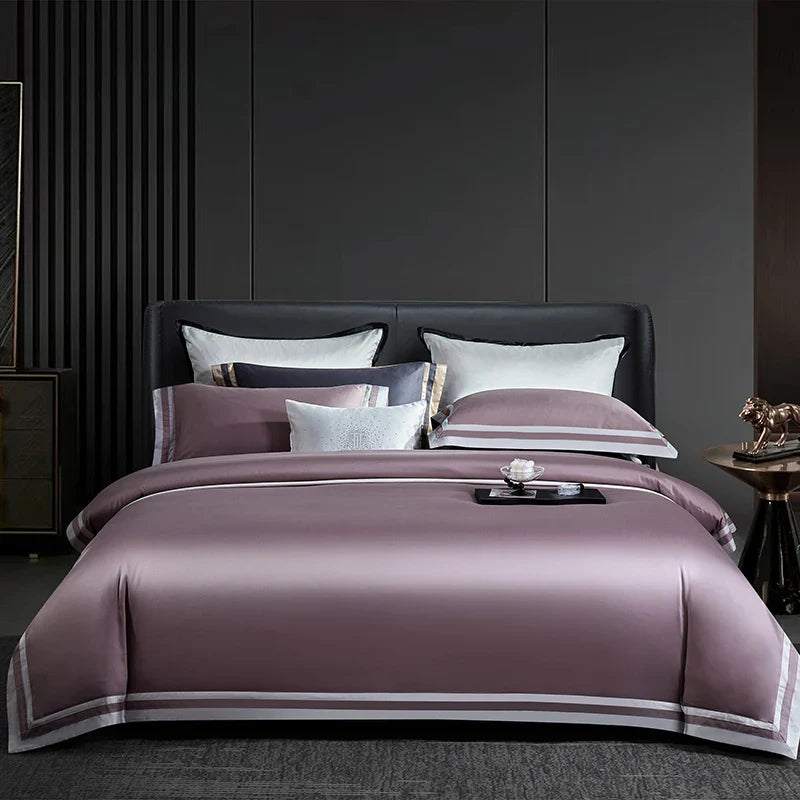 Afralia™ Luxury White Gray Hotel Style Embroidery Bedding Set, Silky Soft 1400TC Egyptian Cotton