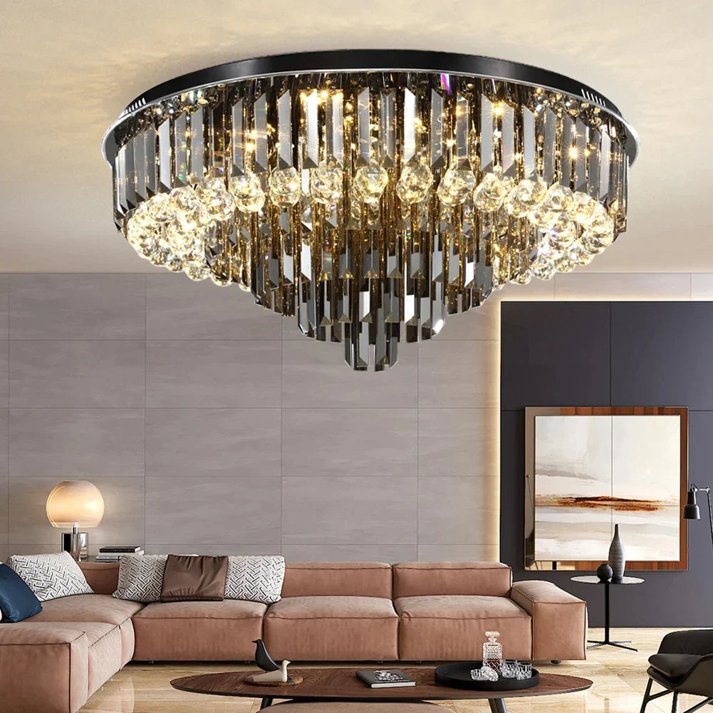 Afralia™ Round Crystal Ceiling Chandelier - Modern Black Gold Living Room Lighting