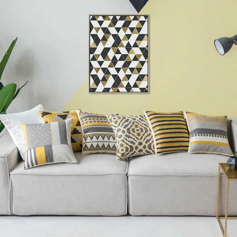 Afralia™ Geometric Canvas Cotton Cushion Cover - Yellow Grey/White Embroidery Square Pillow Cover