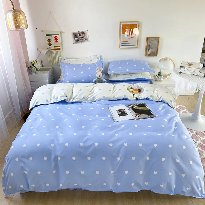 Afralia™ Heart Print Solid Color Bedding Set: Duvet Cover, Sheet, Pillowcases for Single Double Bed