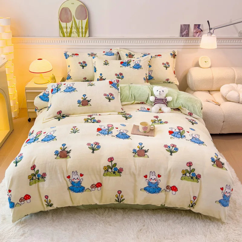 Afralia™ Winter Cartoon Crystal Velvet Bedding Set - Queen Size Warm Duvet Cover