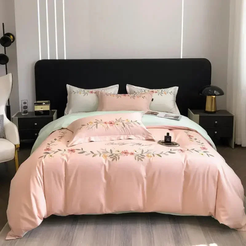 Afralia™ Flower Embroidery Cotton Duvet Cover Set, Queen/King Size Bedding Set with Sheets