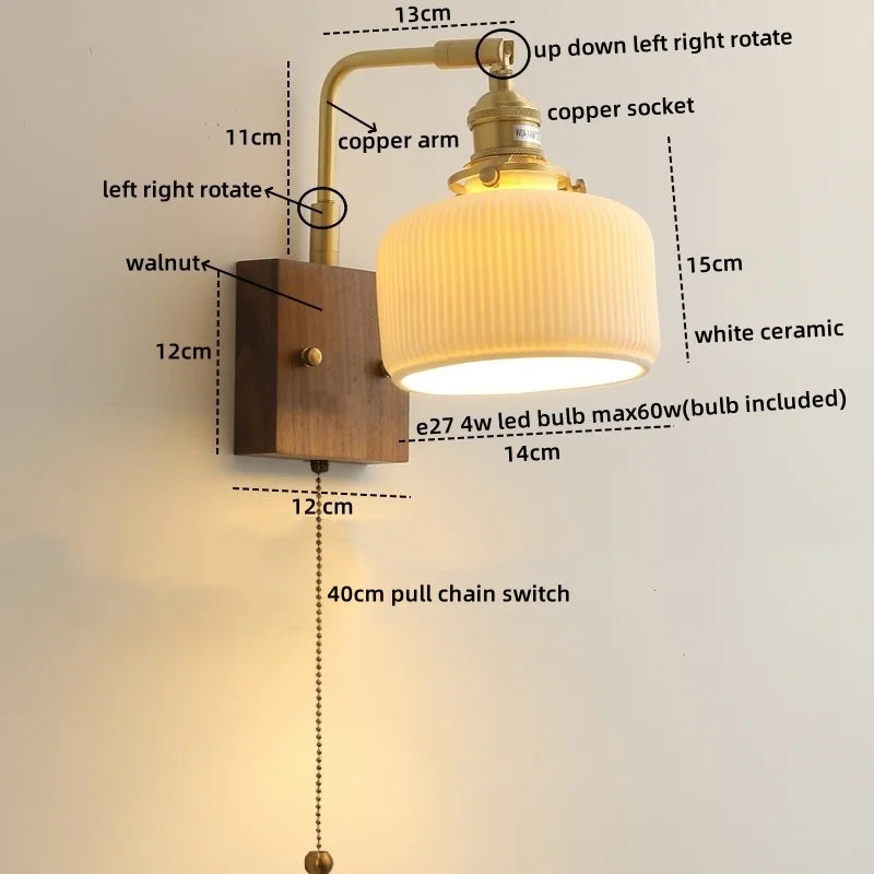 Afralia™ Ceramic LED Wall Lights with Pull Chain Switch, Nordic Bedside Lamp for Home Decor