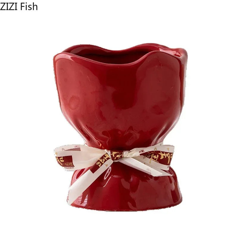 Afralia™ Lovely Ribbon Ceramic Vase Set for Cute Room Aesthetic Decor