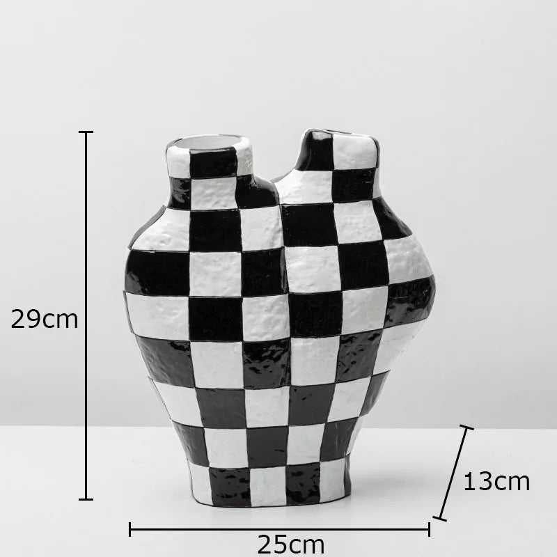 Afralia™ Black White Check Vase Modern Crafts Room Decor Irregular Shaped Desk Decoration