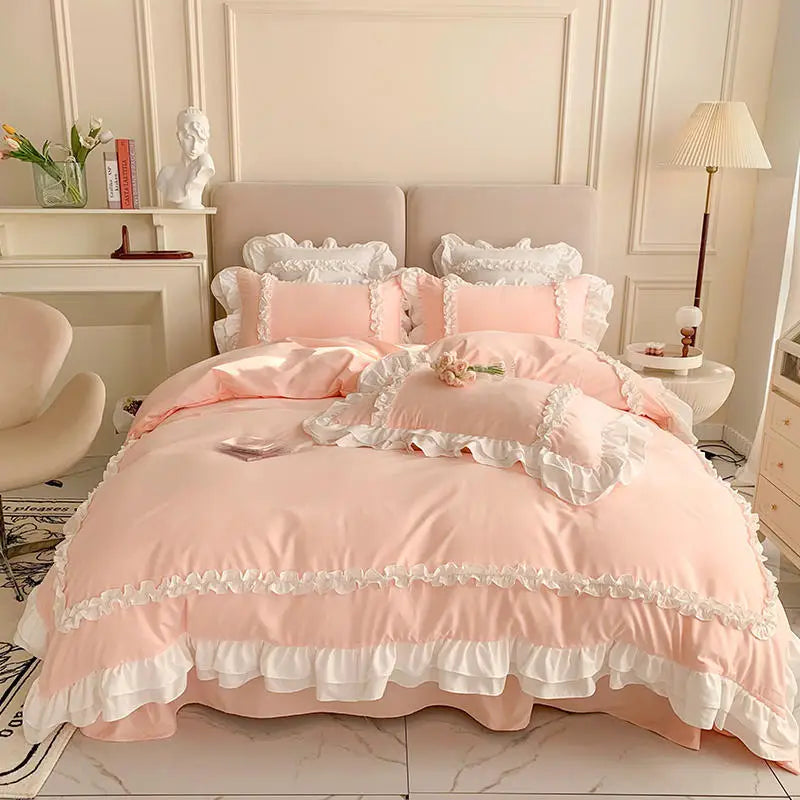 Afralia™ Korean Princess Lolita Bed 4-Piece Set in Solid Washed Cotton