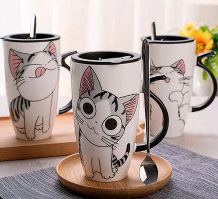 Ceramic Cat Mug with Lid, Cute Coffee Tea Cup, 600ml, Novelty Gift for Afralia™