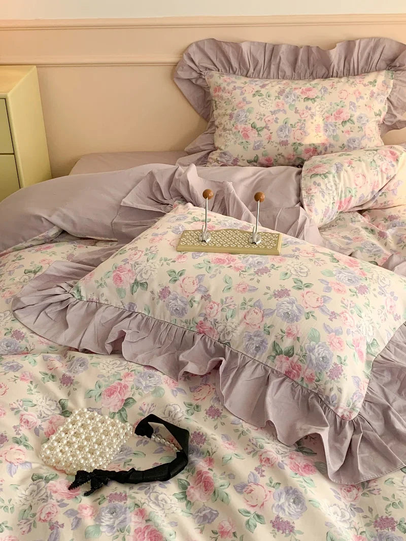 Afralia™ French Floral Cotton Bedding Set with Big Lace Ruffles, Fresh Flowers