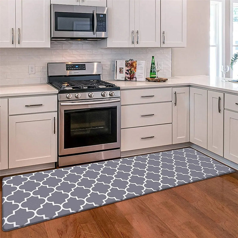 Afralia™ Grey Plaid Kitchen Rug Blue Lattice Long Absorption Doormat in Striped Design