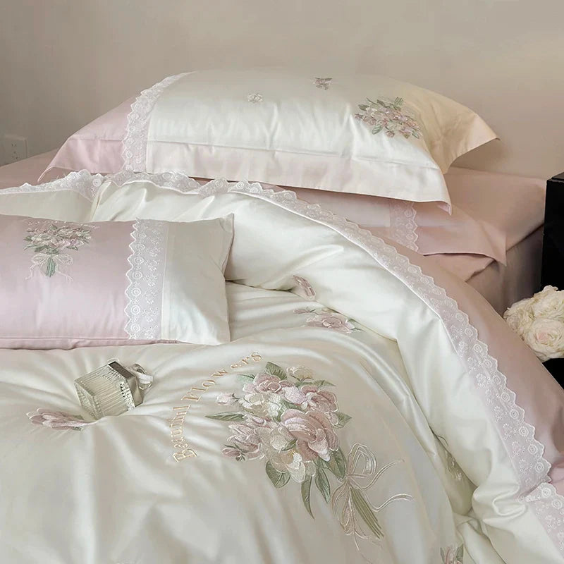 Afralia™ Flowers Embroidery Lace Princess Bedding Set 1000TC Egyptian Cotton Duvet Cover Set