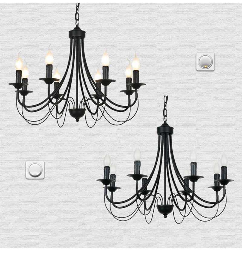 Afralia™ Wrought Iron Chandelier Candle Light Fixture for Living Room - Black Metal Pendant Lamp