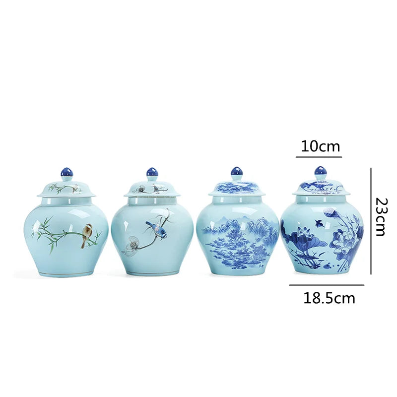 Afralia™ Hand Painted Blue and White Ceramic Tea Canister Jar