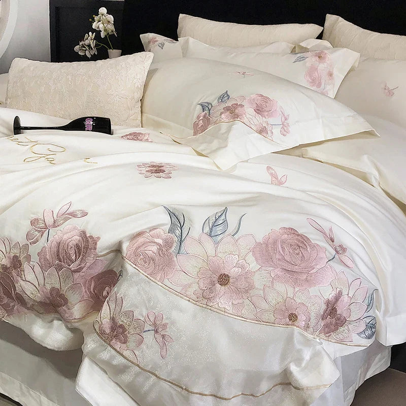 Afralia™ Luxury Flowers Embroidery Bedding Set 600TC Egyptian Cotton Duvet Cover Queen King Size