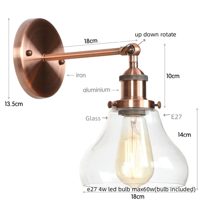 Afralia™ Red Bronze LED Wall Lamp with Pull Chain Switch and Clear Glass