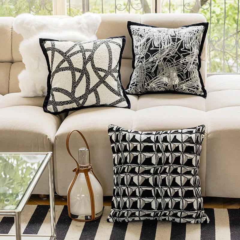 Afralia™ Geometric Jacquard Embroidered Pillow Cover in Modern Minimalist Black and White Style