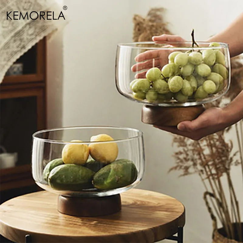 Afralia™ European Glass Fruit Tray with Wooden Base | Elegant Salad Bowl for Home Décor