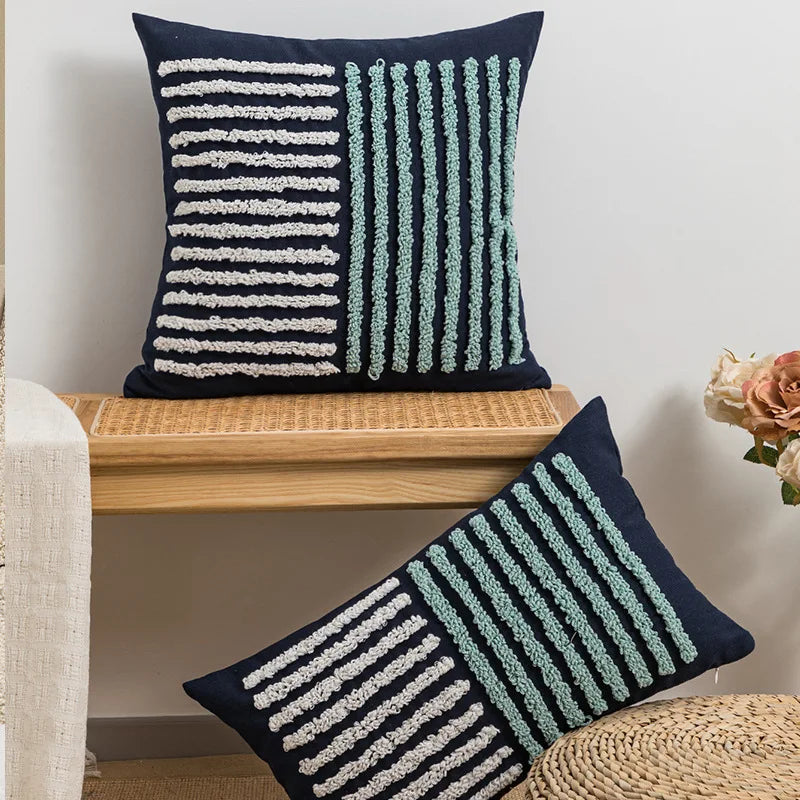 Afralia™ Navy Blue Yellow Stripe Embroidered Cotton Canvas Tufted Cushion Cover