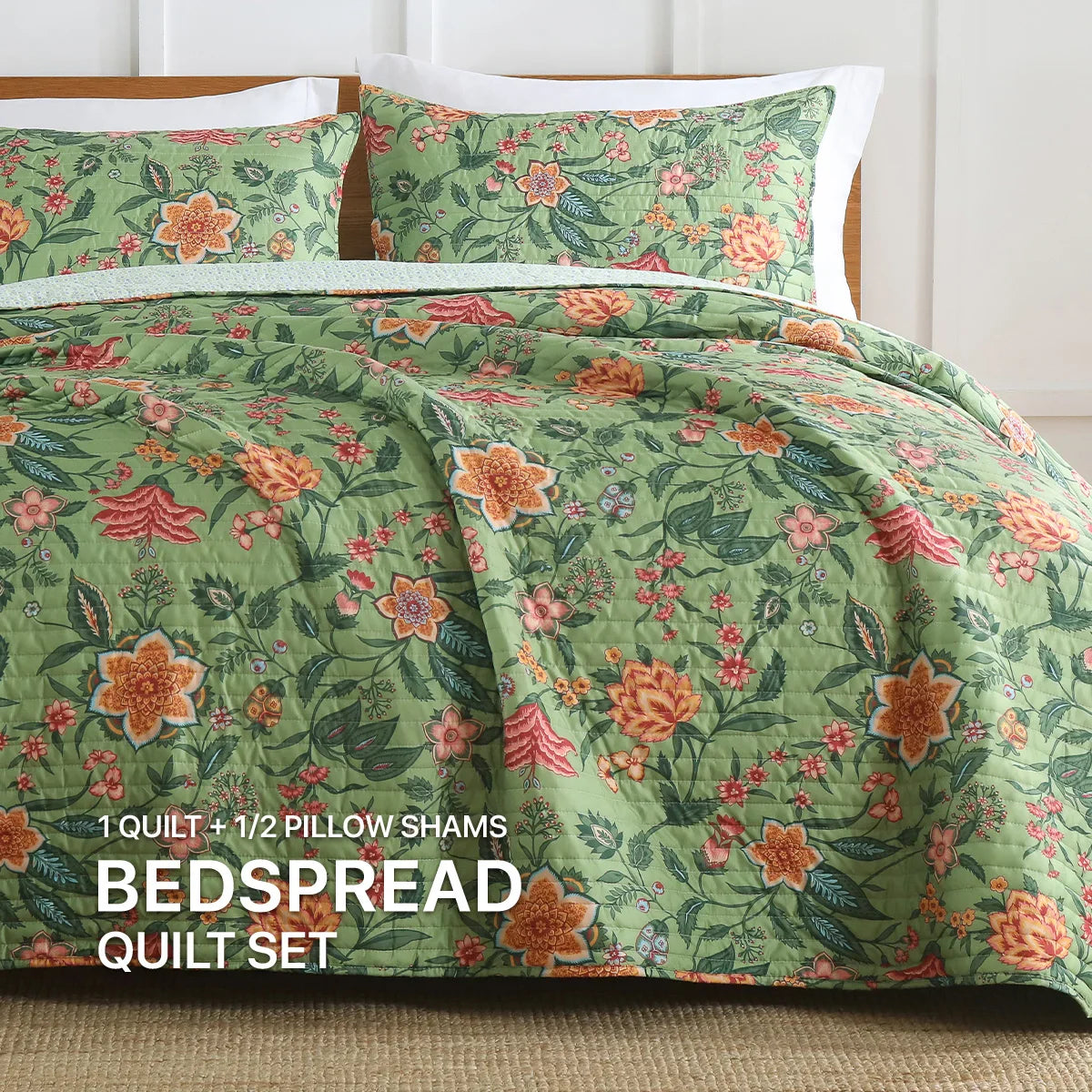 Afralia™ Green Floral Quilt Set 3-Piece Oversized Bedding with Shams