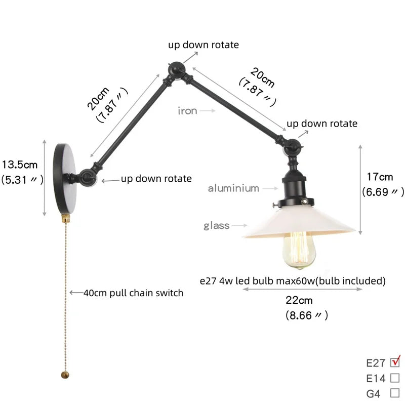 Afralia™ Black Vintage Wall Lamp White Glass Industrial Swing Arm Adjustable Bedside