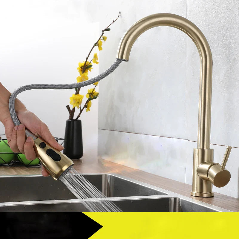 Afralia™ Brushed Gold Single Handle Pull Out Kitchen Faucet