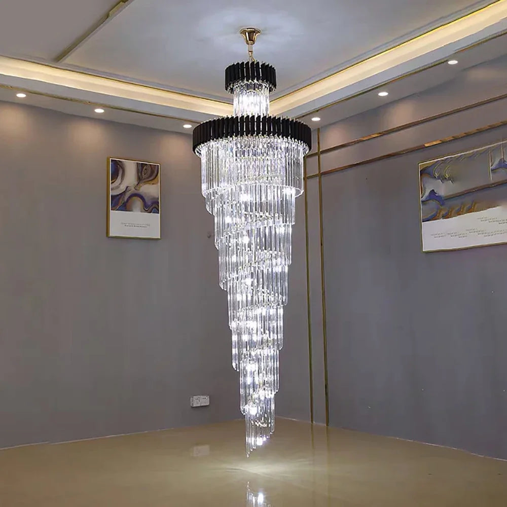 Afralia™ Crystal LED Chandeliers: Luxury Multi-layer Staircase Lighting, Black Stainless Steel
