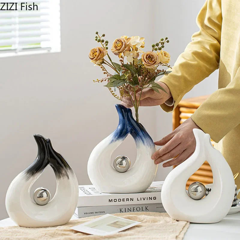 Afralia™ Silver Ball Ceramic Vase Artificial Flower Room Decor