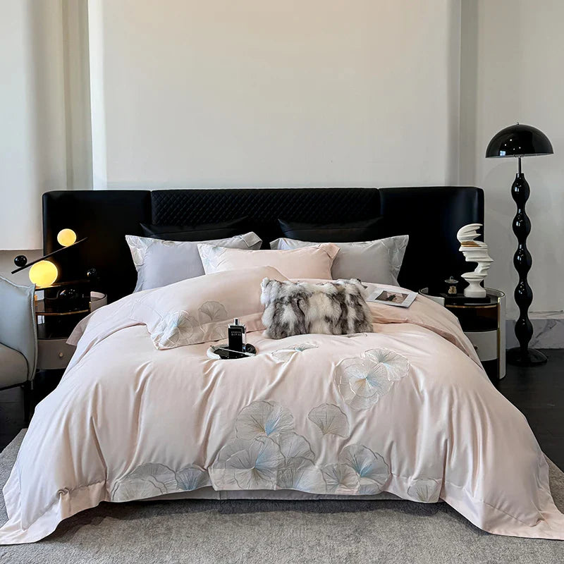 Afralia™ Pink Luxury Flower Embroidery 4-Piece Bedding Set - 1000TC Egyptian Cotton