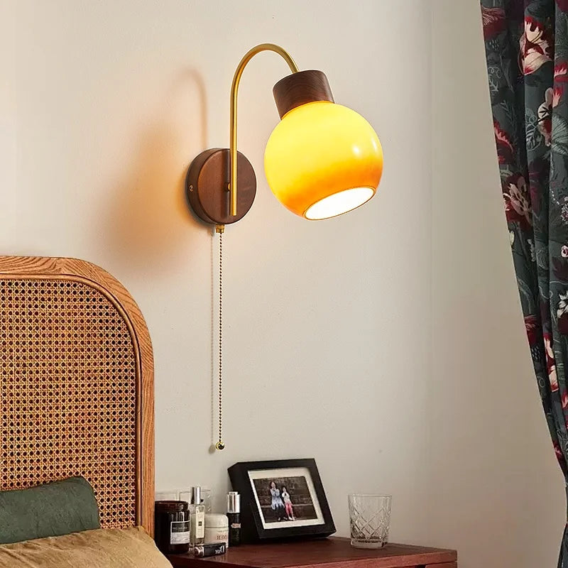 Afralia™ Ceramic Wood LED Wall Sconce Pull Chain Switch for Living Room Bedroom Hallway