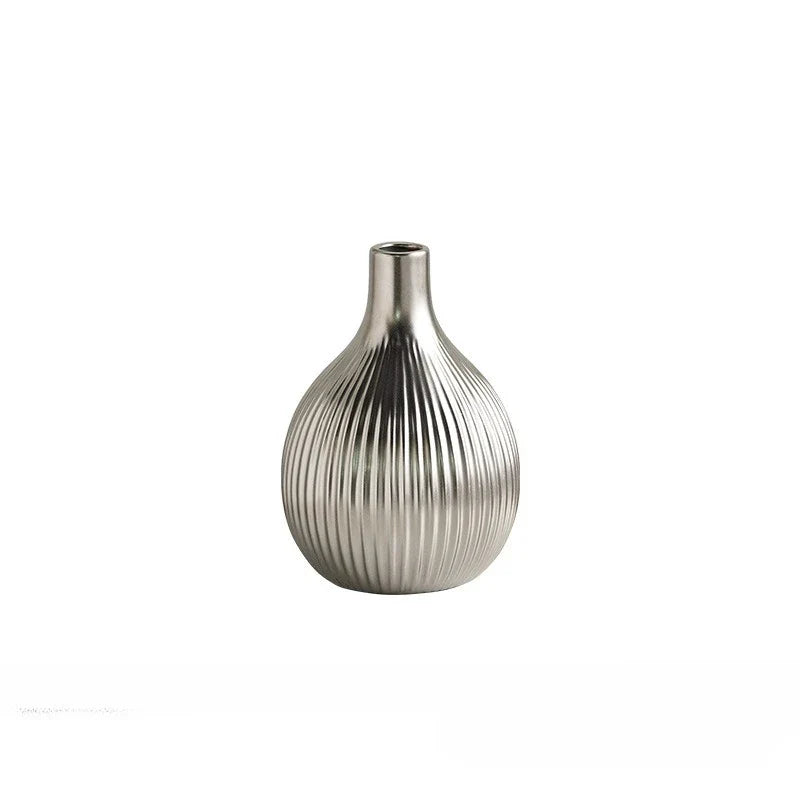 Afralia™ Silver Ceramic Vase with Fruits and Geometric Stripes