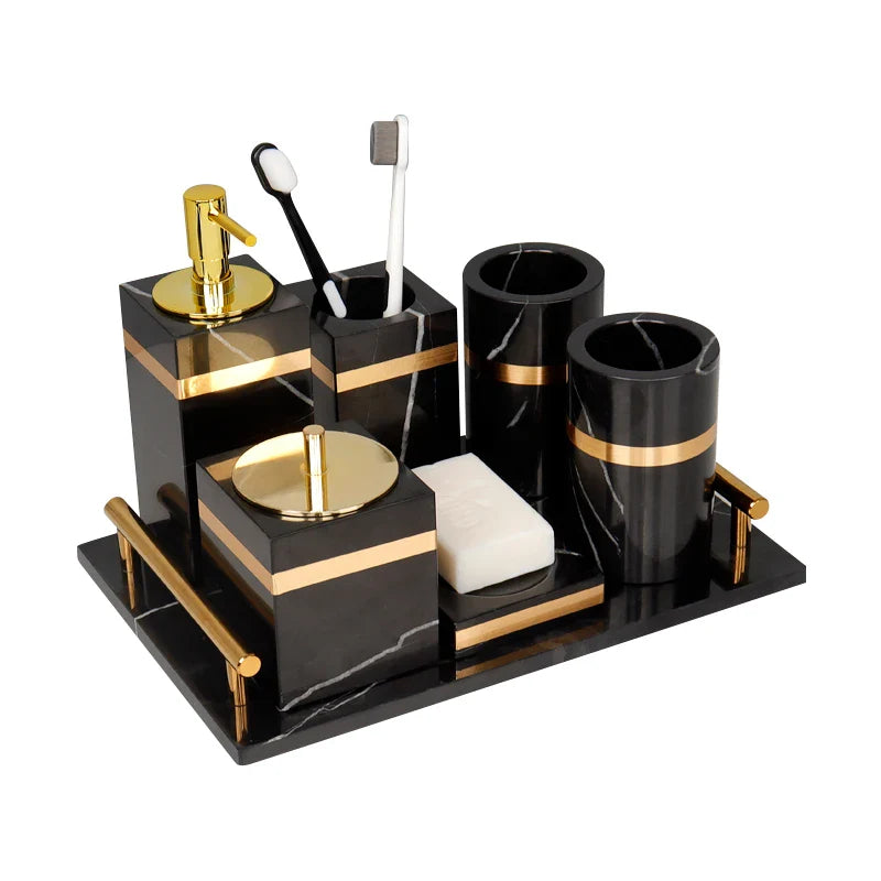 Afralia™ Nero Marquina Marble Bathroom Set - Golden Luxury Bathroom Accessories