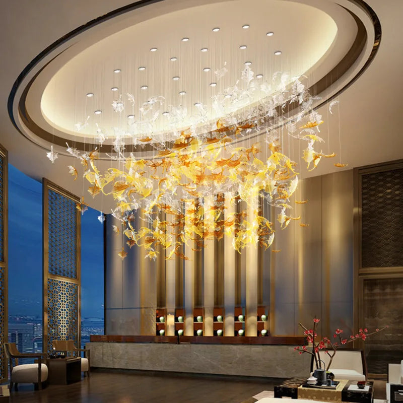 Afralia™ Maple Leaves Glass Pendant Chandelier Stairs, Modern Designer DIY Luxury Lighting