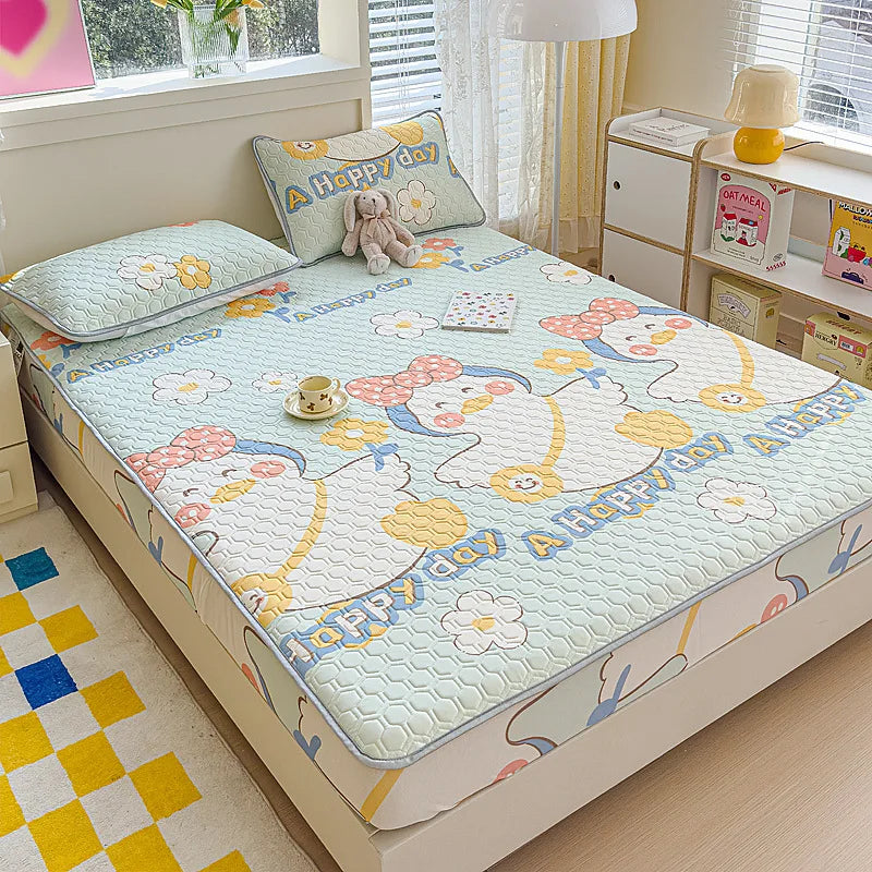 Afralia™ Cool Silk Latex Fitted Sheet Set with Pillowcases, Summer Ice Silk, Single Double Bed