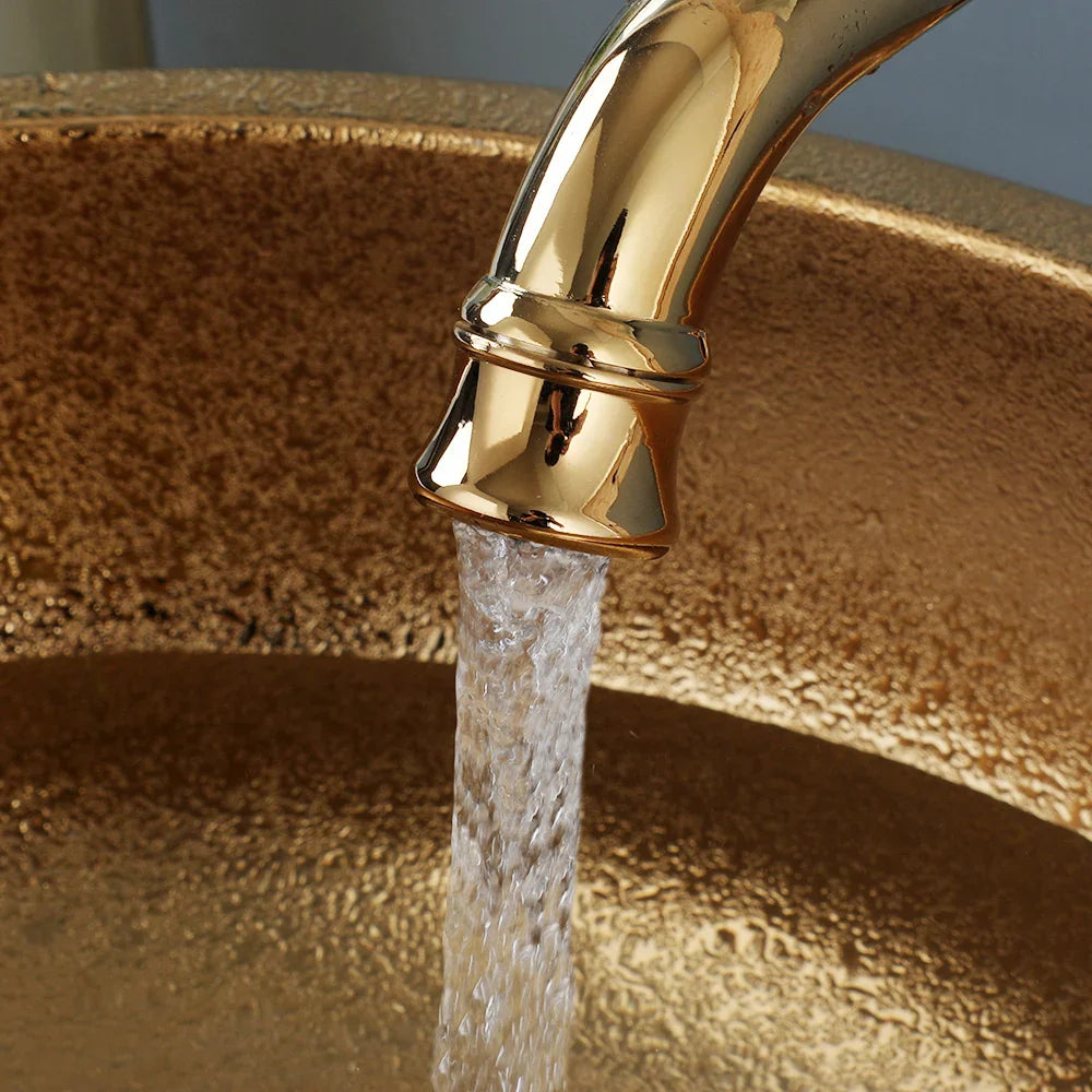 Afralia™ Golden Ceramic Bathroom Basin Set with Gold Faucet and Mixer Taps