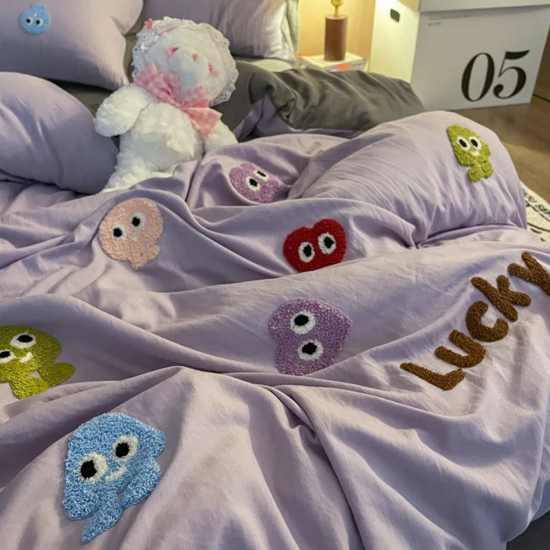 Afralia™ Cotton Cartoon Towel Embroidery Bedding Set: Quilt Cover, Bed Sheet, Pillowcases