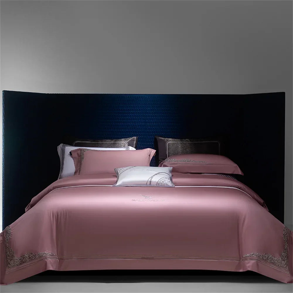 Afralia™ Satin Jacquard Embroidery Bedding Set King Queen with Egyptian Cotton - 4 Piece