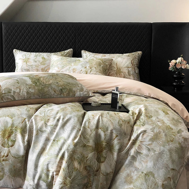 Afralia™ 1000TC Vintage Flowers Print Bedding Set with Duvet Cover, Sheet, Pillowcases