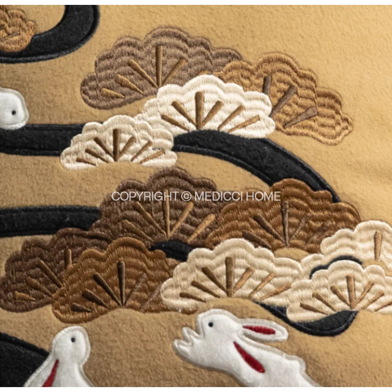 Afralia™ Lucky Rabbit Pine Forests Embroidery Silk Velvet Pillowcase with Tassels