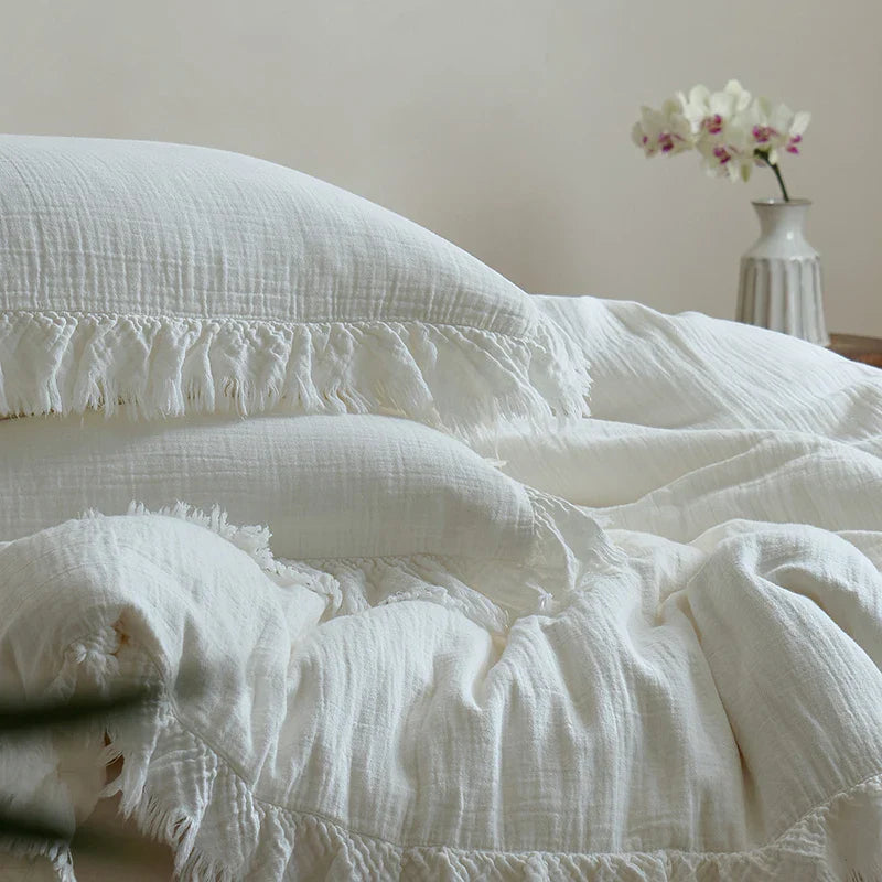 Afralia™ Soft Cotton Tassel Ruffles Bedding Set with Duvet Cover, Sheet & Pillowcases