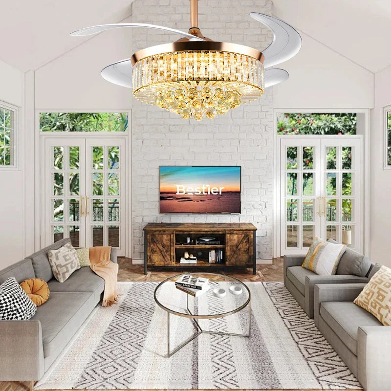 Afralia™ Crystal Ceiling Fan Light Remote Chandelier Bedroom Living Room