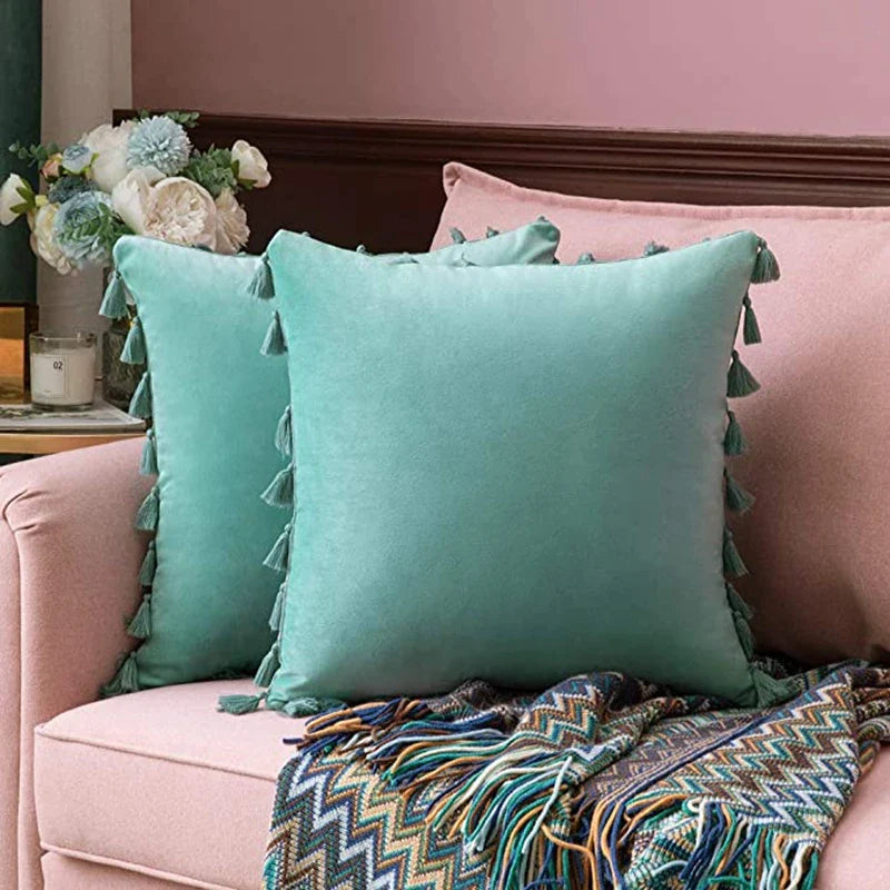 Afralia™ Water Blue Velvet Tassel Fringe Boho Throw Pillow Cover for Couch