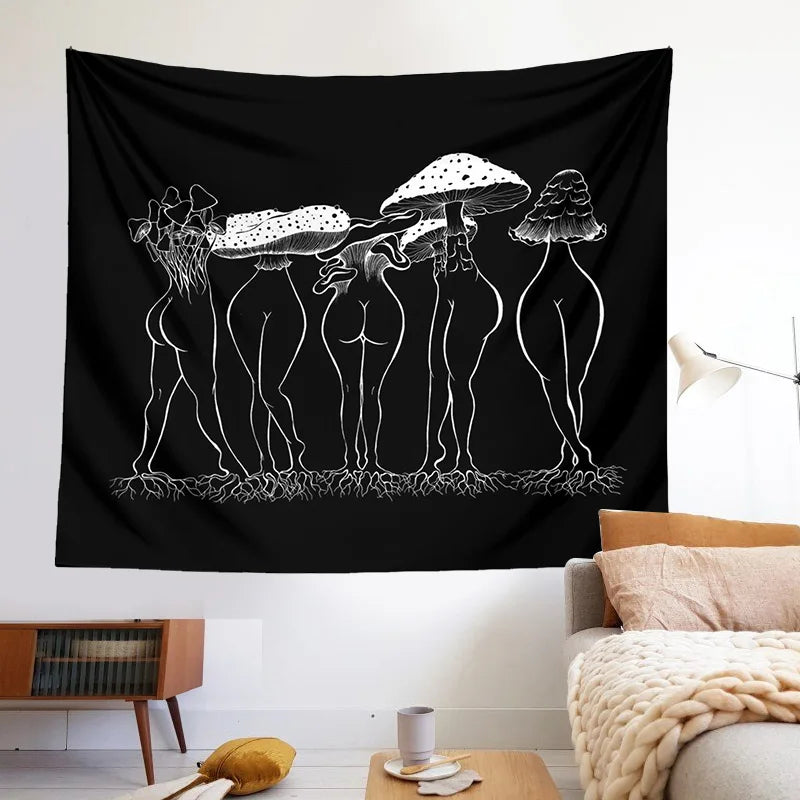 Afralia™ Mushroom Woman Tapestry Wall Hanging Black White Boho Decor Bedroom Aesthetic