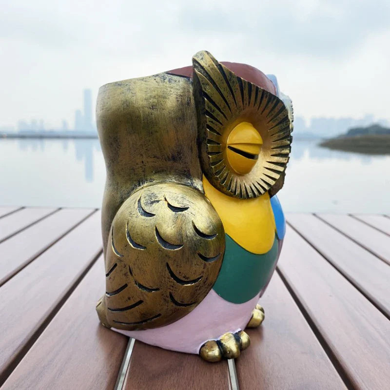 Afralia™ Owl Flower Pot Resin Colored Art Painting Desktop Decoration Vase Container