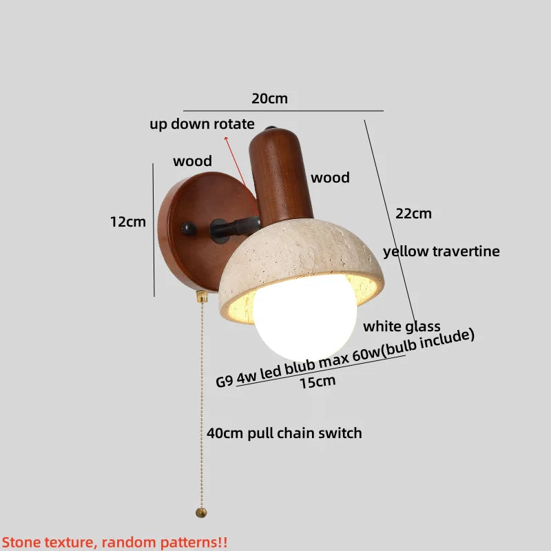 Afralia™ Yellow Travertine Stone Natural Wood LED Wall Light Bedside Lamp