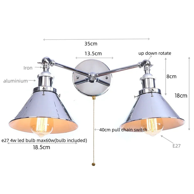 Afralia™ Loft Plug-in LED Wall Lamps Silver Vintage 2 Heads Lighting