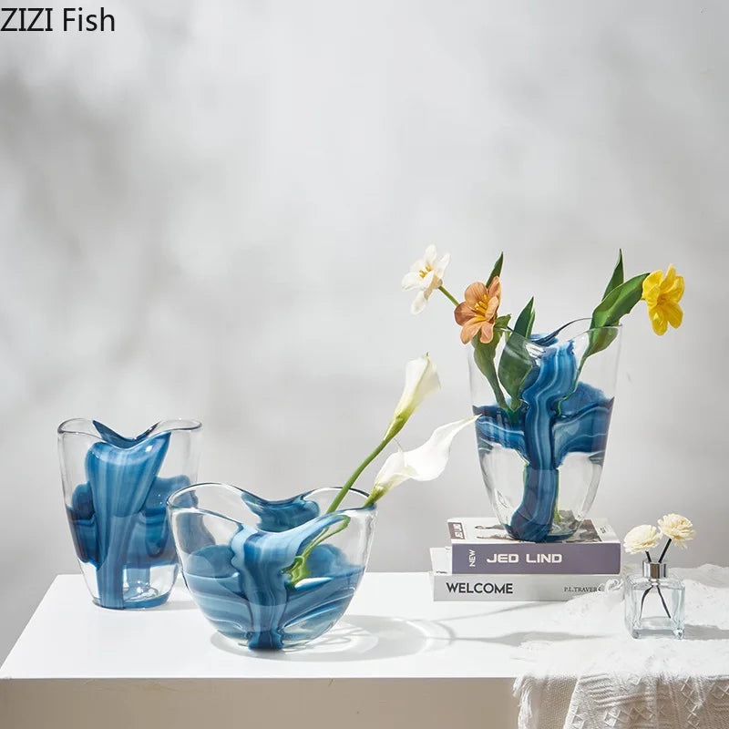 Afralia™ Blue Striped Glass Vase for Plant Arrangement and Room Decor