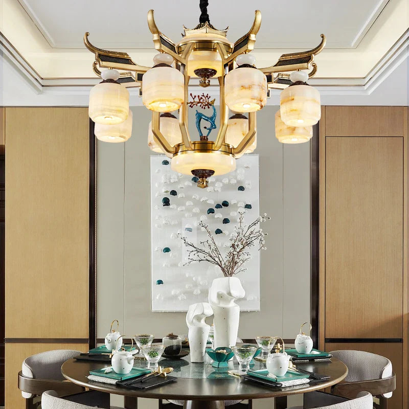 Afralia™ All Copper Jade Chandelier for Villa Living Room, Dining Room - Chinese Style Duplex Copper Lamp