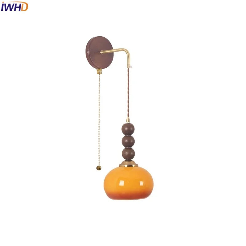 Afralia™ Modern LED Walnut Wood Wall Lights with Glass Shade & Pull Chain Switch