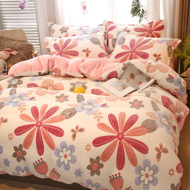 Afralia™ Flower Print Thicken Winter Bedding Set for Single Double Bed